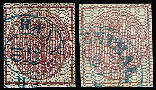 3 Pfge. carmine, black and grey netted, two used cabinet pieces, Mi. 870,-
