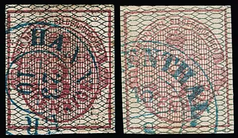 3 Pfge. carmin, noir et gris quadrillé, deux pièces de cabinet oblitérées, Mi. 870,-