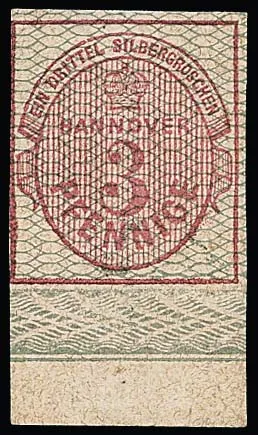 3 Pfge. carmin, gris quadrillé, rare pièce de bordure inférieure avec bord de feuille inférieur complet, non oblitérée avec gomme originale, à gauche un peu "bord de loupe"/coupe de ligne de bord, signé Peinelt, Decker