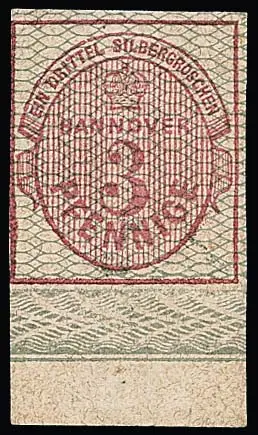 3 Pfge. carmin, gris quadrillé, rare pièce de bordure inférieure avec bord de feuille inférieur complet, non oblitérée avec gomme originale, à gauche un peu "bord de loupe"/coupe de ligne de bord, signé Peinelt, Decker