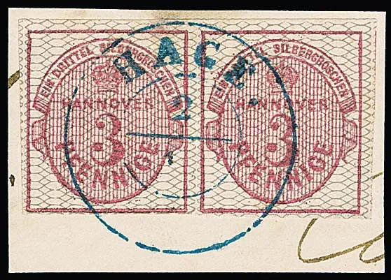 3 Pfge. carmine, grey netted, horizontal pair on cabinet letter piece with centered K2 "Hage". Left stamp at top only in the upper margin small paper unevenness,…