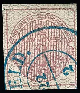 3 Pfge. carmin, gris réticulé, bon défaut de plaque "coin supérieur droit biseauté", pièce de cabinet avec K2 d'Ilfeld. Mi. 600,- pour la nuance "a" bon marché. Expertise photo…