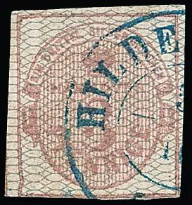 3 Pfge. carmin, gris réticulé, légèrement touché, avec le rare défaut de plaque de tirage partiel "ligne de bord en bas à gauche enfoncée", qui est enregistré chez nous entre autres sur le bloc de neuf non oblitéré…