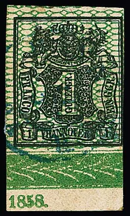 1 Ggr. noir/vert, pièce de bord inférieur touchée à droite avec année "1858"