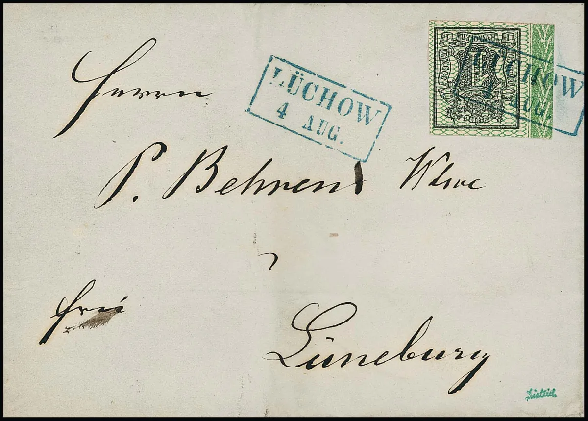 1 Ggr. noir/vert, pièce de choix avec bordure de feuille à gauche et numéro de rangée "8" sur lettre pliée avec Ra2 "Lüchow"