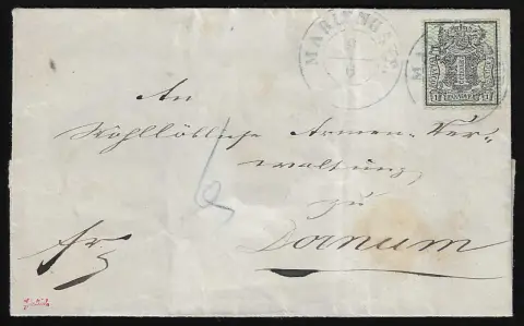 1 Ggr. noir/vert, pièce magnifique sur lettre (légères traces d'usage) avec K2 "Marienhave" pour la collection de lettres "Dornum" avec "6" Pfg. frais de commande manuscrits