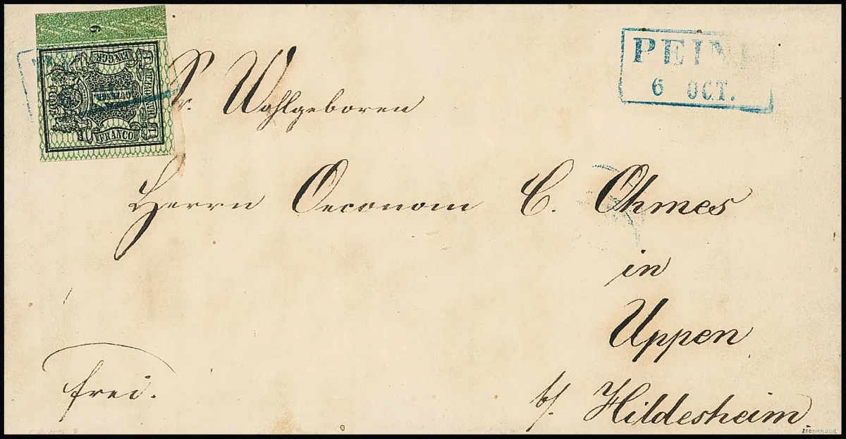 1 Ggr. black/green, at right with sheet margin and row number "9", with Ra2 "Peine" on superb letter to Uppen near Hildesheim, signed Pfenninger