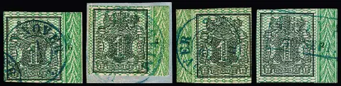 1 Ggr. noir/vert, 12 marges de bordure oblitérées, dont numéros de rangée "1", "6", "7" et "10" à gauche, ainsi que "2", "3", "4", "6" et "9" à droite