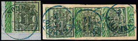 1 Ggr. vert foncé, petite trace de froissement en haut, à gauche de la marge de feuille avec numéro de rangée "10" sur fragment de lettre avec K2 centré "Norden", plus autre fragment (timbres décollés et replacés, défauts de coupe typiques) avec trois (!) bords de bordure 1 Ggr., Rz. "3", "7" et "12"