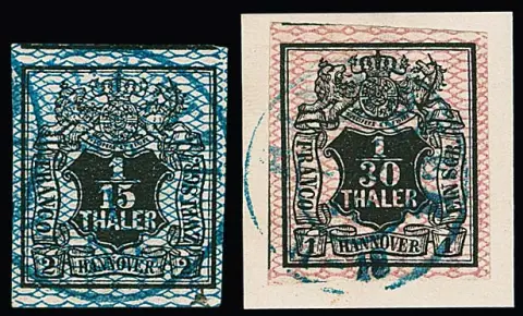 Deuxième émission de l'union postale surcomplète de 1 Ggr. à 1/10 Th. en état choisi, dont 1/30 Th. rose foncé deux fois incl. pièce de luxe à très grandes marges avec timbres voisins, ainsi que 1/10 Th. trois fois, ici aussi une très large marge
