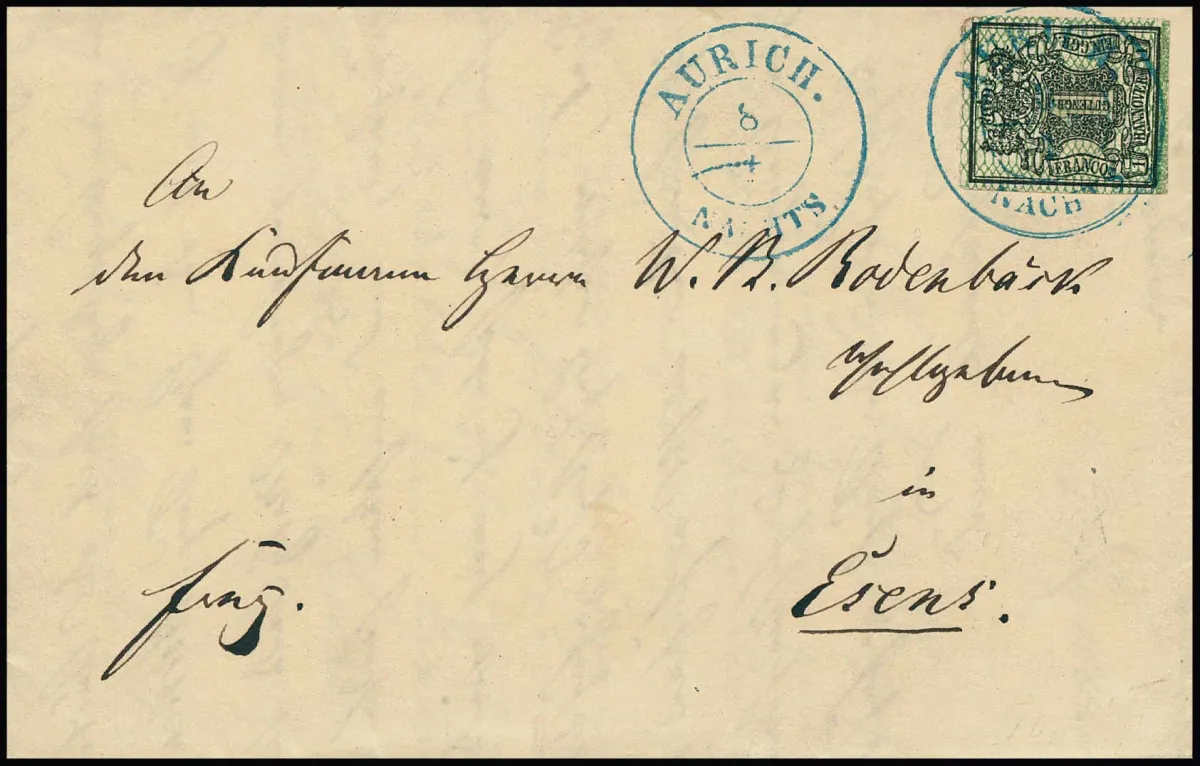 1 Ggr. dark green with clearly visible plate flaw "right border line deformed", at bottom distinct border approach, here from field 117 of the 1856 issue, on fresh cabinet letter 1857 from Aurich to Esens. Mi. 400,-