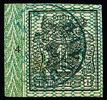 1 Ggr. noir/vert, bord gauche avec numéro de rangée "4", du champ 31 sans l'ancien défaut de plaque II du cliché échangé, mais avec défaut "traits manquants dans l'encadrement du 1 en bas à droite", plus autre timbre avec caractéristique de champ ("1 sans trait")