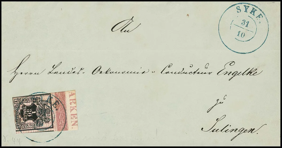 1/30 Th. noir/rose, partie supérieure coupée avec inscription marginale "ARKEN" sur face de lettre avec cachet K2 "Syke"