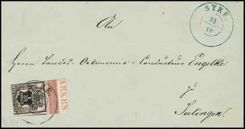1/30 Th. noir/rose, partie supérieure coupée avec inscription marginale "ARKEN" sur face de lettre avec cachet K2 "Syke"