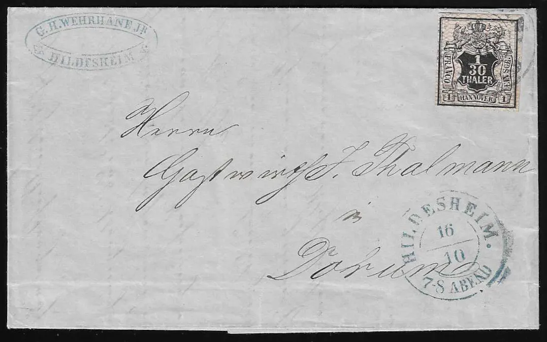 1/30 Th. black/pink on superb letter in domestic use with K2 "Hildesheim" (special type with time) to Dornum