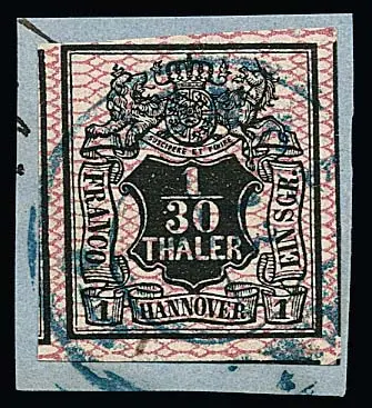 1/30 Th. noir/rose, trois côtés avec timbres voisins (!), sur fragment de lettre de cabinet