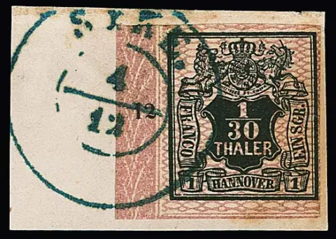 1/30 Th. noir/rose, grand coin de bordure inférieur gauche sur belle lettre (léger brunissement à droite) avec K2 "Syke", numéro de rangée "12"