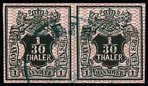 1/30 Th. black/pink, centrally cancelled cabinet pair, photo certificate Berger