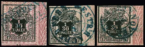 1/30 Th. noir/rose, trois pièces de bordure droite de l'édition 1856/57 sans numéro de rangée, un pli discret, un K2 centré "Westrhauderfehn", signé Grobe, ainsi qu'un coin de bordure inférieur droit de cabinet à grandes marges avec début du numéro de rangée "12", signé Berger, Neumann, Ressel