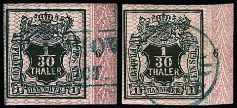 1/30 Th. noir/rose, deux pièces de bordure droite de cabinet avec chacune numéro de rangée "6", ainsi qu'une autre pièce de bordure droite (un peu juste) avec numéro de rangée "9"