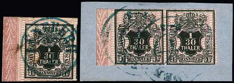 1/30 Th. noir/rose, huit pièces de bordure gauche avec différents numéros de rangée, "1", "2" (erreur de plaque intéressante "coin enfoncé en bas à droite"),…