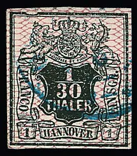 1/30 Th. black/pink, choice copy with clearly visible plate flaw "border line dented top left", Mi. 250,-