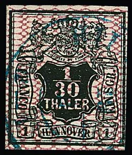 1/30 Th. zwart/diep karmijn, goede kleur, onberispelijk gestempeld, certificaat Jäschke-L. Mi. 600,-
