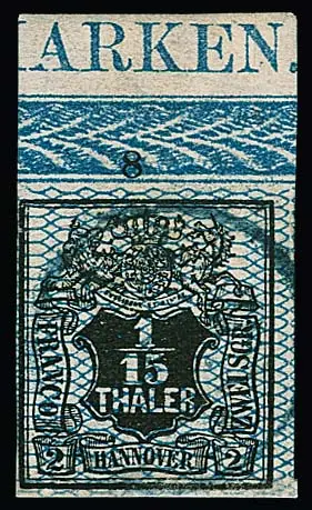 1/15 Th. noir/bleu (petit défaut), rare pièce de bordure supérieure avec numéro de rangée "8" et inscription "MARKEN"