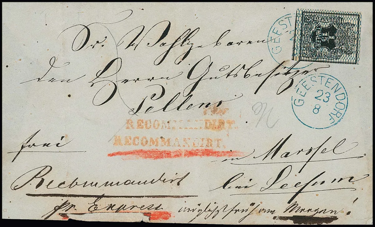 1/15 Th. black/blue, magnificent piece on rare registered rural express letter with K1 "Geestendorf" to Marssel near Lesum, order "as early as possible in the morning!"