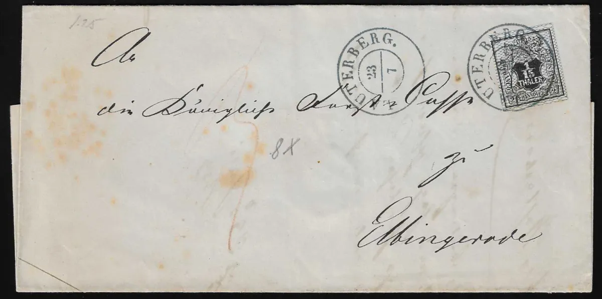1/15 Th. black/blue, wide margins, on postage due ("3") folded letter with K2 "Lauterberg" to Elbingerode, Mi. 250,-
