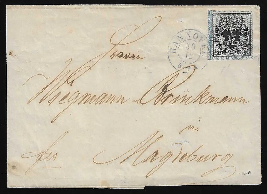 1/15 Th. black/blue, wide-margined cabinet piece with border at left, on letter from Hanover to Magdeburg, Mi. 250,- +