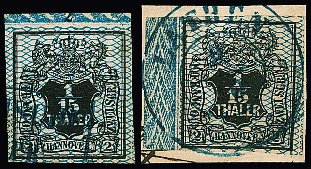 1/15 Th. black/blue, three cancelled border pieces, one with wide sheet margin at left on letter fragment with centered K2 "Lathen" (natural stamp squash), and two top margin pieces (each Rz. "2")
