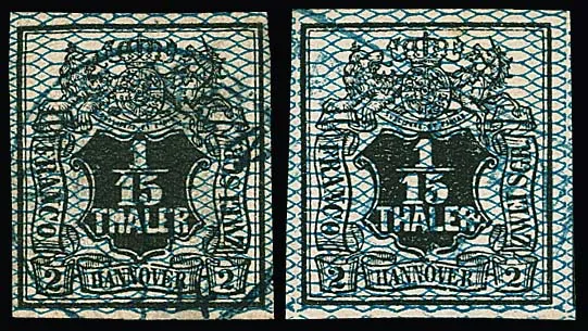 1/15 Th. black/blue, plate flaws "mutilated R" and "H with double crossbar" (this one small crease), each cancelled. Mi. 600,-