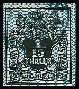 1/15 Th. black/blue, used cabinet piece with plate flaw "E of THALER connected to frame"