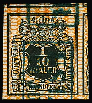 1/10 Th. black/orange, cabinet cut giant with three neighboring stamps
