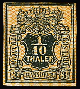 1/10 Th. black/orange, rare unused stamp with large parts of original gum, small defects, photo expert Berger. Mi. 800,-