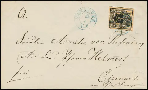 1/10 Th. noir/orange, pièce de cabinet à bords immenses (trois côtés timbres voisins) sur enveloppe de l'Union postale (celle-ci légères traces d'usure) de Hanovre (K2) à Eisenach