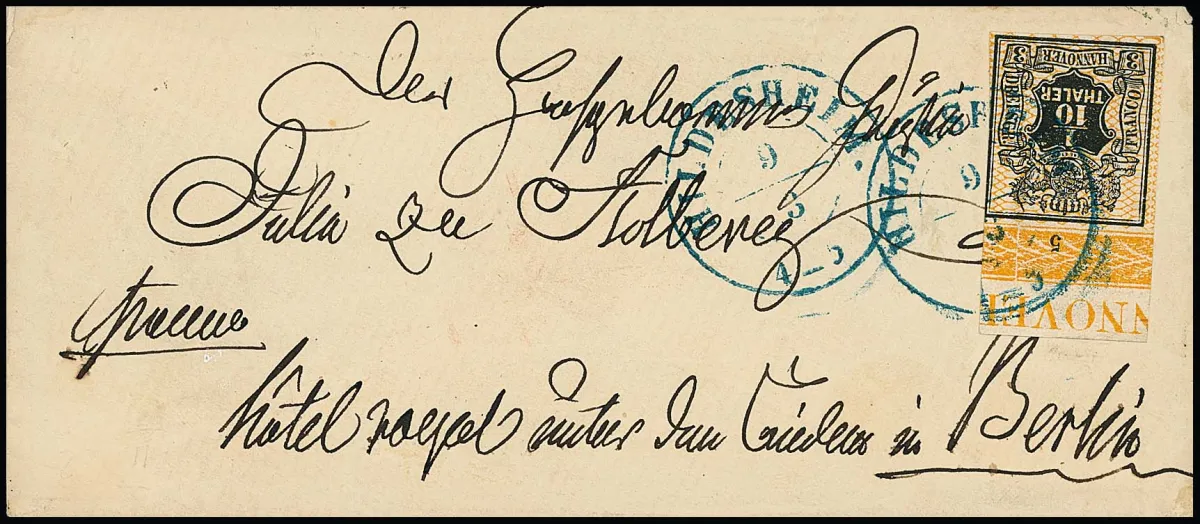 1/10 Th. noir/orange, rare grand fragment de bordure supérieure avec inscription de marge "NNOVER" et numéro de rangée "5", coupé à droite sur la ligne de marge, sur enveloppe de dame avec K2 "Hildesheim" pour Berlin, monogramme imprimé au verso, ex Metzer