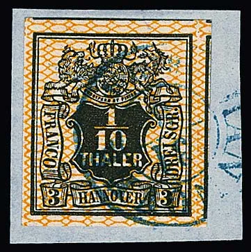 1/10 Th. black/orange, for this issue with enormous margins and three neighbouring stamps on cabinet letter piece with K2 "Hannover"