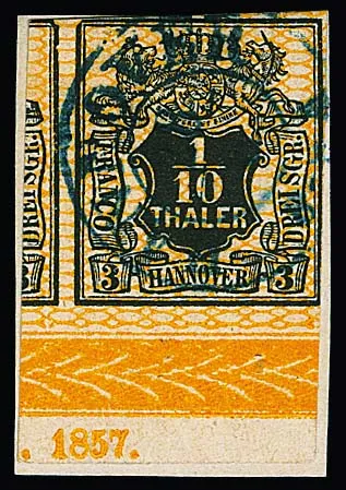 1/10 Th. black/orange, large border bottom margin piece on letter piece with full year "1857", bottom right margin line slightly repainted, with the special feature that the stamp shows the plate flaw "upper left corner slanted" and the visible neighbouring stamp the plate flaw top right