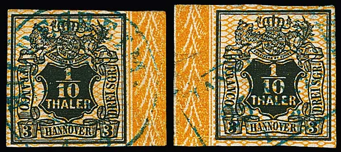 1/10 Th. noir/orange, deux fragments de bordure de cabinet à droite et à gauche de l'émission 1856 sans numéro de rangée