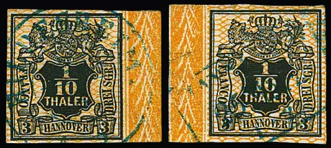 1/10 Th. noir/orange, deux fragments de bordure de cabinet à droite et à gauche de l'émission 1856 sans numéro de rangée
