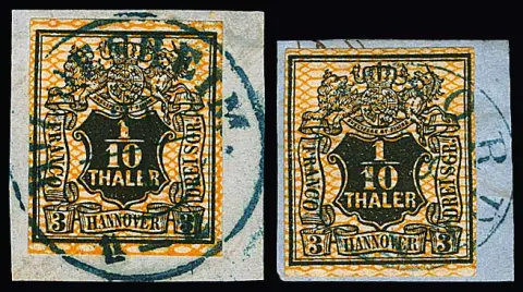 1/10 Th. noir/orange, deux fragments de lettre de cabinet, avec K2 centré "Hildesheim" et avec K1 "Norden", dans le type utilisé à cette époque pour l'oblitération des timbres sur lettres de Norderney