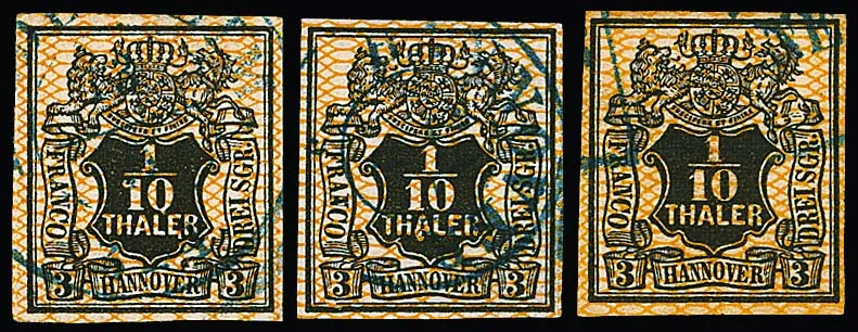 1/10 Th. noir/orange, trois défauts de plaque différents oblitérés, II kl. Beanst. Mi. 850,-