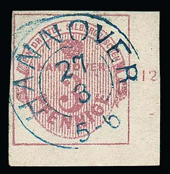 3 Pfge. rose, plus grand coin de feuille inférieur droit avec K2 centr. "Hannover", min. Mgl., sign. Drahn