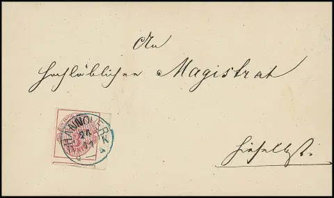 3 Pfge. rose foncé, en haut à droite un peu de coupe de ligne de bord, sinon surdimensionné, en bas timbre voisin, à droite bord de feuille avec numéro de rangée "11", sur lettre locale très fraîche avec K2 "Hannover B.K."