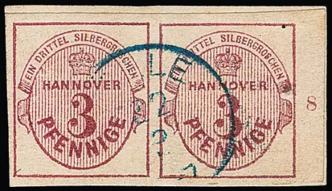 3 Pfge. carmin, paire à grandes marges du bord droit de feuille, numéro de rangée "8", sur pièce de lettre de cabinet avec K2 de Celle. Mi. 600,- + Rz.