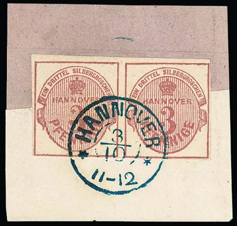 3 Pfge. rouge carmin en paire de cabinet horizontale sur pièce de lettre avec K2 centrique "Hannover", pli oblique seulement dans le papier à lettres, double signature Pfenninger. Mi. 600,-