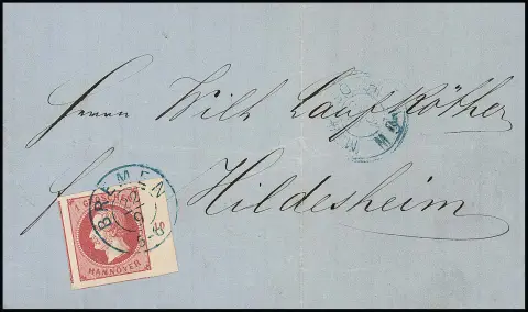 1 Gr. rose, pièce de bord luxueuse à très grandes marges, timbre voisin à gauche et en bas, bord de feuille à droite avec numéro de rangée "10", sur lettre (pli à l'extérieur) avec K2 "Bremen"
