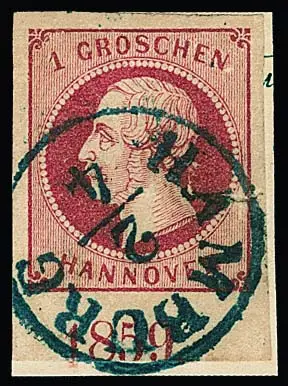 1 Gr. rose avec bord inférieur et année "1859" centrée sur fragment de lettre avec K1 "Hamburg", lég. déf.
